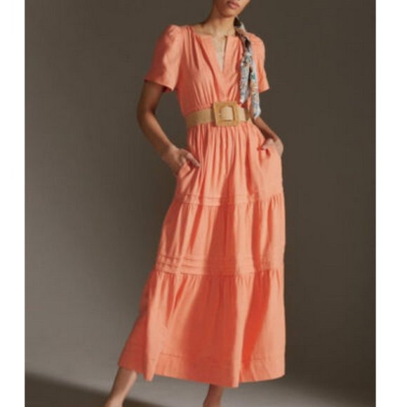 Anthropologie XXS NWT The Somerset Maxi Dress Linen Edition Tiered Orange